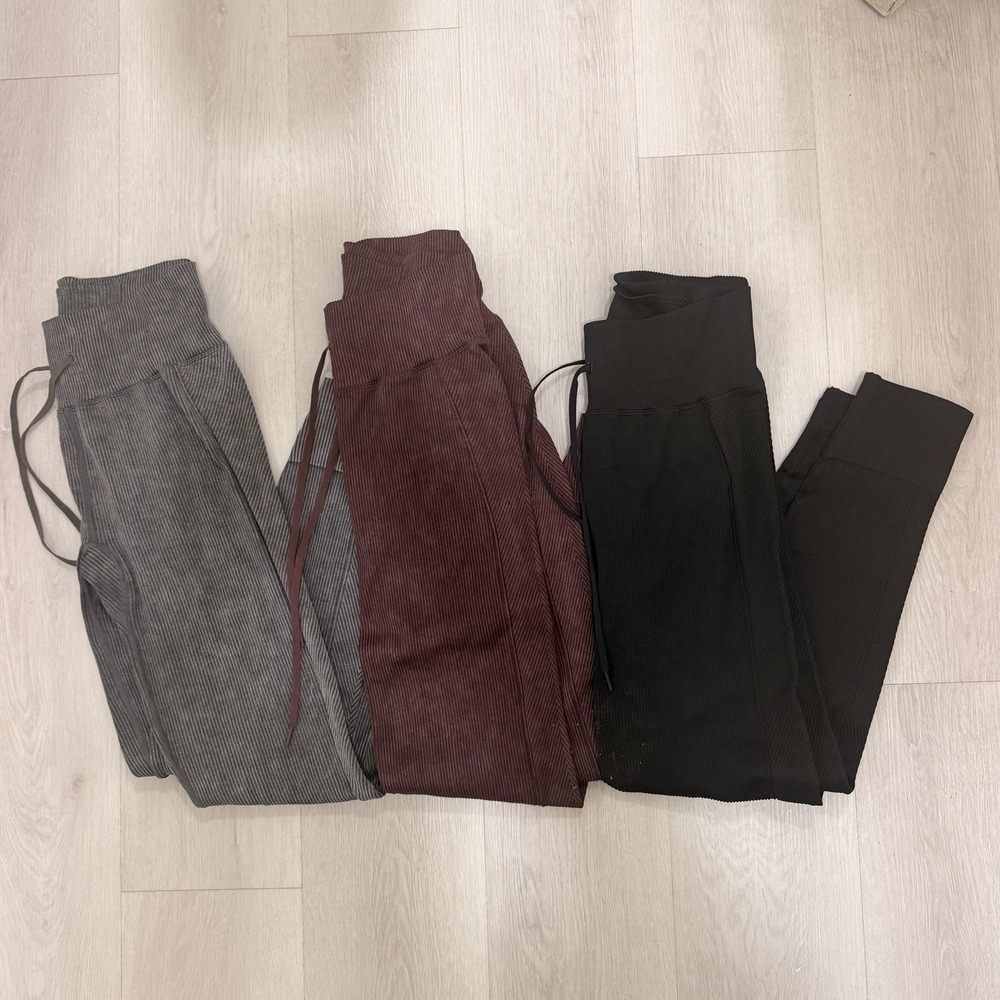 PINK Active Leggings Lot 3 Medium Ribbed High Waist Drawstring Gray Burgundy